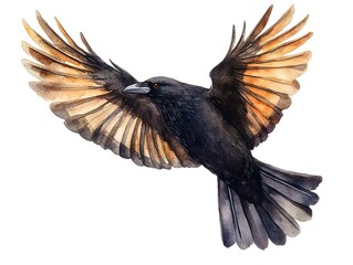 Fototapeta premium A majestic black bird with orange-brown wings soars gracefully in mid-flight against a pristine white background.