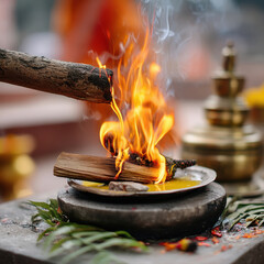 Homa or havan fire ceremony performed at home. Incense and ghee are thrown into fire. Homa havan