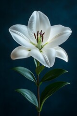 Fototapeta premium 2. An exquisite image of a solitary white lily, elegantly unfolding its petals. The flower's striking form is captured against a dark background, allowing the pure white hue to radiate. Each