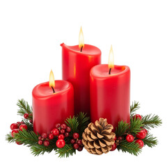 Bright red candles surrounded by pine branches, berries, and pine cone create warm, festive atmosphere perfect for holiday season