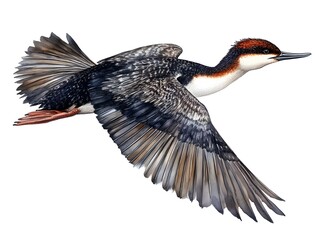 Fototapeta premium A detailed illustration showcases a magnificent red-necked grebe in graceful flight against a pristine white background.
