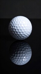 White golf ball on reflective black surface with shadow