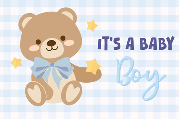 Cute baby shower invitation card for baby and kids newborn celebration. Its a boy card with plush toy cute teddy bear vector flat illustration.