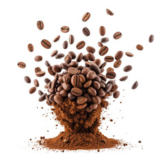 Obraz premium Exploding coffee beans create dynamic scene of energy and flavor, showcasing rich texture and aroma of freshly ground coffee