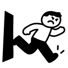 Angry person running into a wall, frustrated, stumbling, black and white vector illustration.