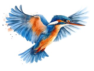 Obraz premium A vibrant watercolor painting depicts a kingfisher in flight its wings outstretched showcasing detailed feathers and colors against a white