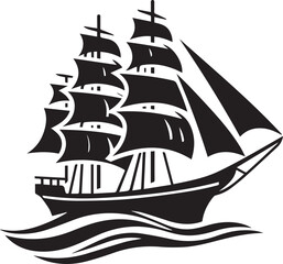 Vintage Black Silhouette of a Sailing Ship with Full Sails