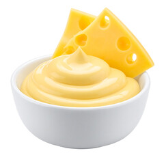  Realistic bowl of smooth, yellow mayonnaise with cheese slices on the side, transparent background
