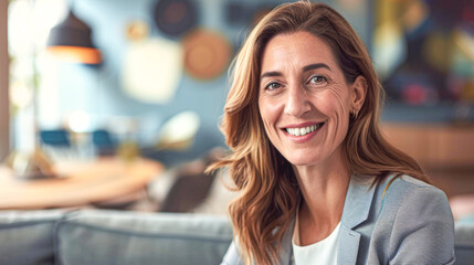 Obraz premium Professional woman smiling in modern workspace office environment portrait photography inspirational atmosphere