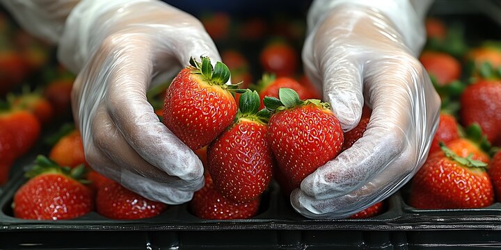 Strawberry Harvest Hands in Gloves Holding Fresh Strawberries