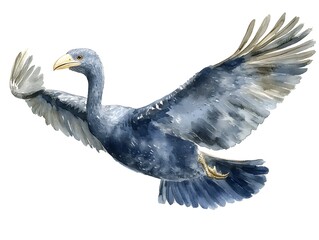 Obraz premium A detailed watercolor painting depicts a majestic blue bird in flight with wings spread wide against a white background.