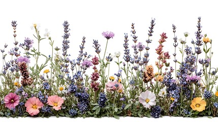 5. A rustic floral border graphic designed with a country charm, featuring wildflowers and herbs like lavender, chamomile, and rosemary. The color palette is earthy, incorporating tones of deep