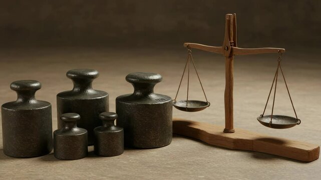 Weights and Balance Scale on Gray Background  