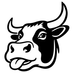 A playful black and white vector illustration of a cow's head with its tongue sticking out.
