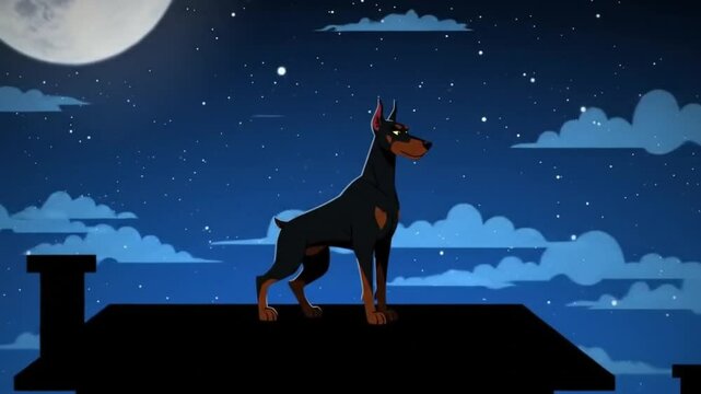 The cartoon Doberman guards a ledge at night, perfect for security concepts, pet illustrations, and nighttime themes in various designs.
