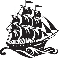 Vintage Black Silhouette of a Sailing Ship with Full Sails