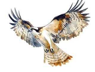 A majestic osprey soars gracefully through the air with wings fully extended showing detailed feather markings in a watercolor painting.