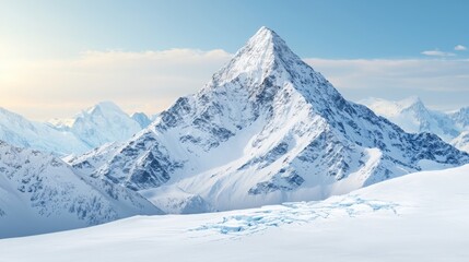Obraz premium Beautiful Landscapes, General Inspiration Concept. Discover a majestic snowy mountain peak set against a clear blue sky, radiating tranquility and beauty. Perfect for adventure and travel themes.