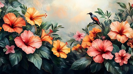 7. A bright and energetic floral border graphic designed for engaging presentations, featuring a lively mix of tropical flowers like hibiscus and birds of paradise. The colors are bold and saturated,