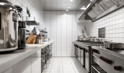 Commercial kitchen interior with stainless steel appliances