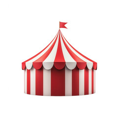 Colorful circus tent with red and white stripes, featuring a pointed top and a small flag