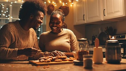 Joyful couple baking cookies together in cozy kitchen - Powered by Adobe