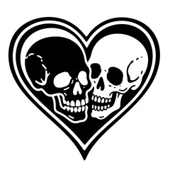 Two skulls in a heart, black and white vector illustration, gothic style, dark romantic design.