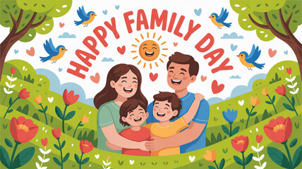 Happy family day illustration depicting joyous parents and children amidst nature