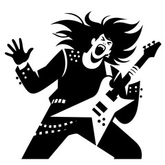 A powerful black and white vector illustration of a rock guitarist performing energetically, with long hair flying, in a dynamic pose.