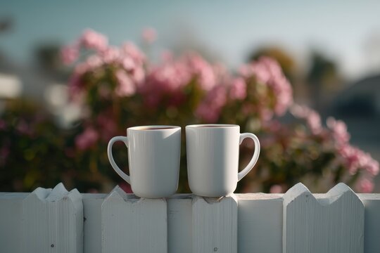 Neighbors enjoy a friendly chat over a white picket fence during a sunny morning - Powered by Adobe