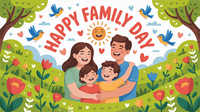 Happy family day illustration depicting joyous parents and children amidst nature