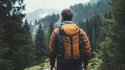 Naklejka premium Man hiking through a lush green forest with mountains in the background, enjoying nature's tranquility