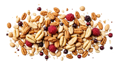 Aromatic pile of nuts and grains on a deep black background, textural culinary delight