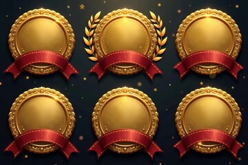 Collection of elegant gold seals with ribbons and laurel wreaths, certificate, decorative, premium