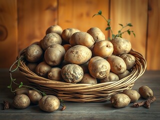Obraz premium A still life composition featuring a basket overflowing with freshly dug potatoes, their rough, earthy skin glistening with dew