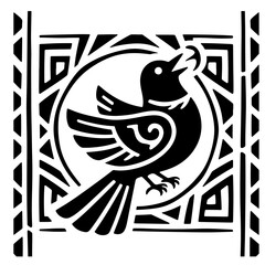 Stylized bird singing, black and white vector illustration, geometric frame, tribal art.