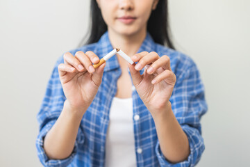 Quit, stop smoking, addiction asian young woman, girl refusing cigarette, smoker quitting smoke,...