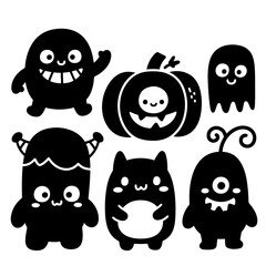 Six cute Halloween monsters, black silhouettes on white background. Vector illustration.