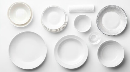 Various white dinnerware arranged on a white background
