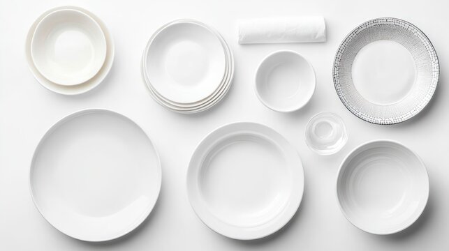 Various white dinnerware arranged on a white background