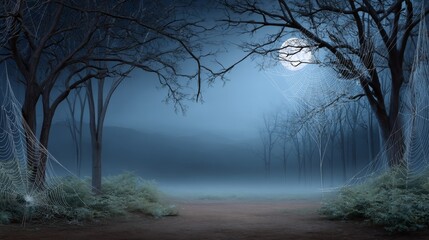 Obraz premium Eerie spider webs in misty moonlit forest setting for halloween or gothic themes