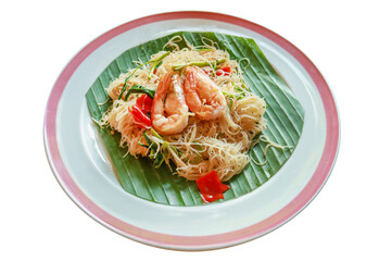 Top view of Stir Fried Spicy Rice Vermicelli and Water Mimosa with Shrimps, focus selective
