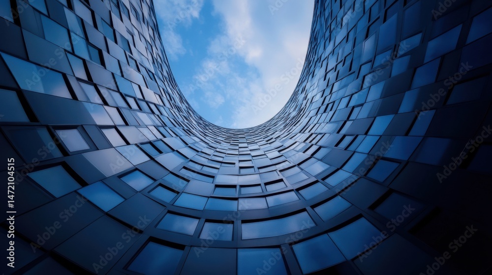 Poster curved modern skyscraper facade with numerous windows reflecting blue sky, showcasing architectural 