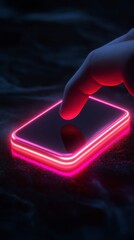 Neon Glowing Phone with Hand Touching Screen in Dark Atmosphere