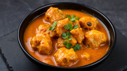 Aromatic Indian dish butter chicken, succulent meat smothered in rich, creamy masala sauce, served in a black bowl on dark slate.