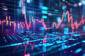Futuristic digital landscape with holographic stock market data and glowing blue grid in cyberpunk style