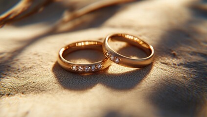 Two gold wedding bands with diamonds, resting on a light beige fabric, bathed in sunlight