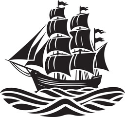 Vintage Black Silhouette of a Sailing Ship with Full Sails