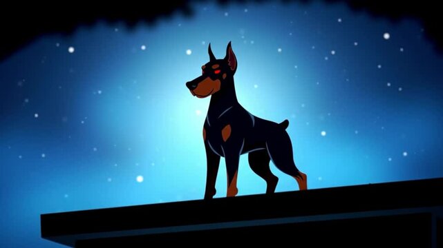 The cartoon Doberman guards a ledge at night, perfect for security concepts, pet illustrations, and nighttime themes in various designs.