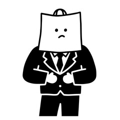 A sad businessman with a paper bag on his head. Black and white vector illustration. Simple style.